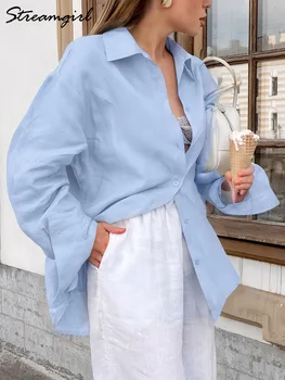 Blue Oversize Women Cotton Linen Shirts And Blouses Long Sleeve Summer Basic White Office Women Shirts Loose Top For Woman Linen