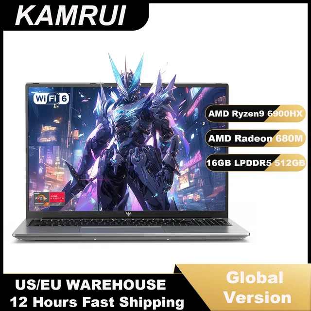 Ordinateur portable KAMRUI 16 pouces, AMD Ryzen 9 6900HX, 16 Go de RAM LPDDR5, 512 Go de SSD PCIe3.0, écran FHD 1920P, batterie 4400 mAh, Type-C, Windows 11, ordinateur portable pour jeux 1