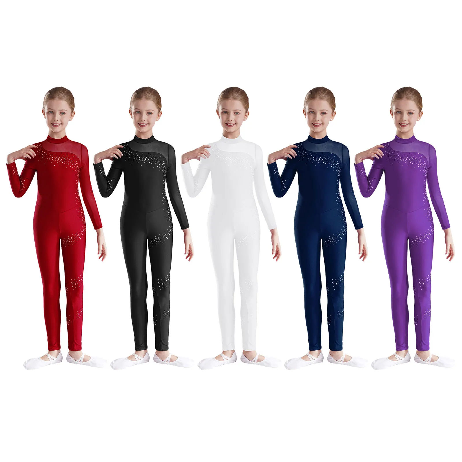 Description Picture 3 of itemKids Girls Figure Skating Gymnastics Leotards Dance Wear Teens Rhinestones Sheer Mesh Long Sleeve Gymnastics Jumpsuit Bodysuit