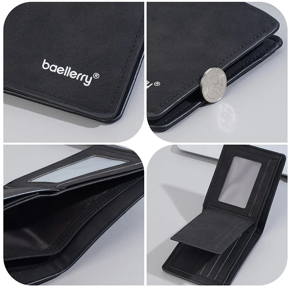 Baellerry Men's Pu Wallet, Anti - Demagnetization, 7 Card Slots + SD Slot, 2 Cash Compartments, Compact Bifold Purse for ID/CC