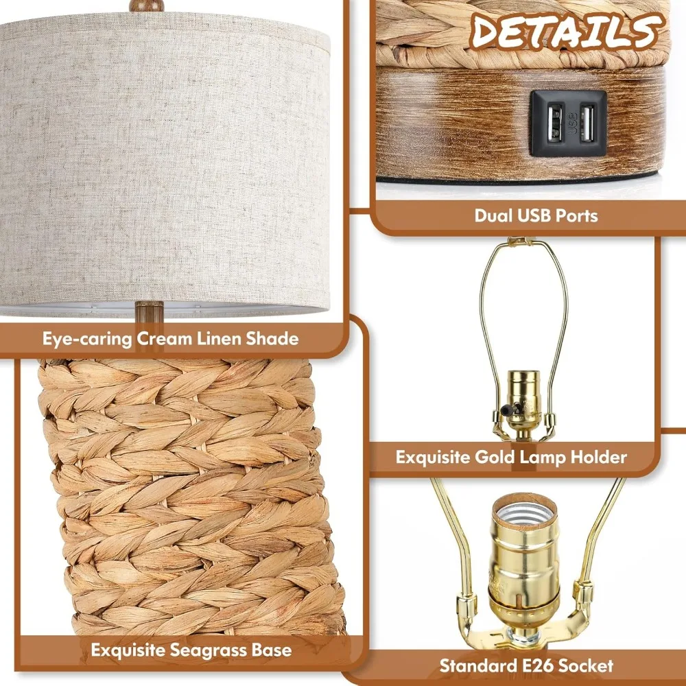 Set of 2 Rattan Table Lamps for Living Room with 2 USB Ports, 27in Tall Bedroom Lamp ,  E26 Socket&Rotary Switch, No Bulb 6