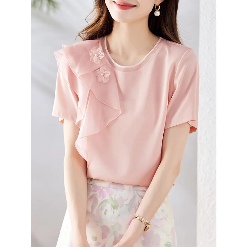 

2023 Summer Fashion Mesh Round Neck Panel with Large Ruffle Edge 3D Flower Fashionable Short Sleeve Top Commuter Casual Shirt