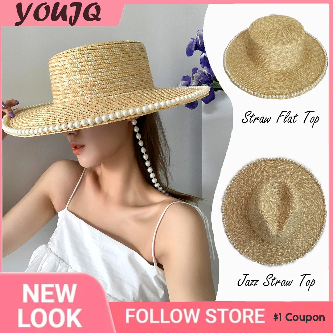 Classical Wheat Straw Hats Flat Top Wide Brim Boater Hat Pearl Chain Trip Summer Sun Hats for Women Elegant Ladies Derby Gorras 1