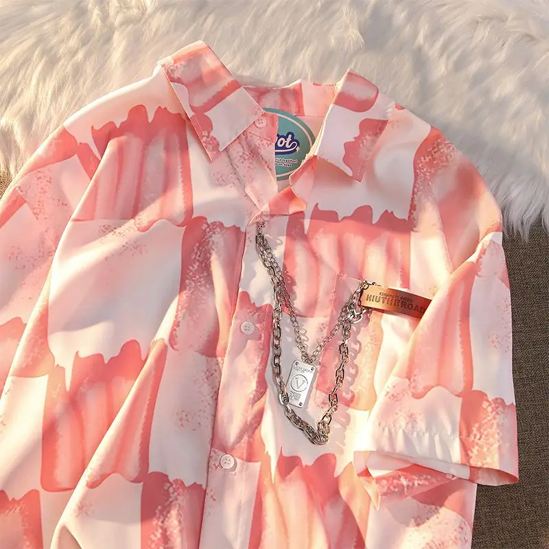 Pink Tie Dye Gradient Plaid Shirt Women Oversized Street Mens Button Up Shirt Summer Casual Large Hawaii Beach Tops 2023 New mens rose letter fleece kangaroo pocket pullover hoodie xl pink