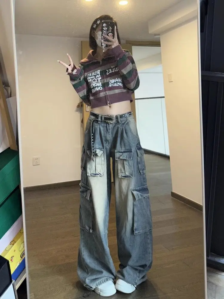 HOUZHOU Grunge Distressed Baggy Tooling Jeans Women High Street Y2K Multy Pockets Denim Cargo Pants Oversize  Wide Leg Trousers
