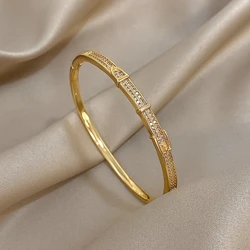 Elegant Zircon Geometric Stackable Cuff Bangle with Rhinestone Charms (D997204B)