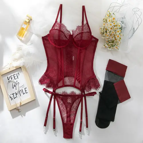 Ellolace Willowy Women's Lingerie Sets Sexy Corset Bra Thong 2PC with Stockings Sheer Outfits Sissy Girl's Intimate Underwear - Image 7