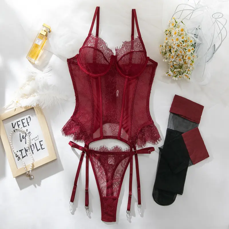 Ellolace Willowy Women's Lingerie Sets Sexy Corset Bra Thong 2PC with Stockings Sheer Outfits Sissy Girl's Intimate Underwear - Image 7