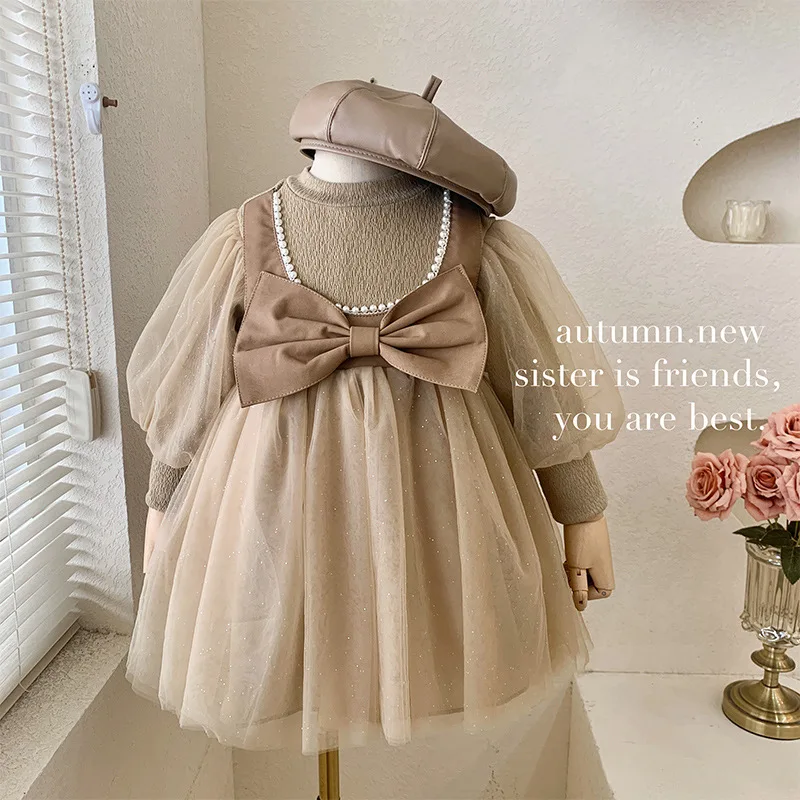 

Korean Autumn Winter Girls Princess Dresses Big Bows Fashion Lace Long Sleeve A-line Dress Party Girl Baby Casual Dress Vestidos
