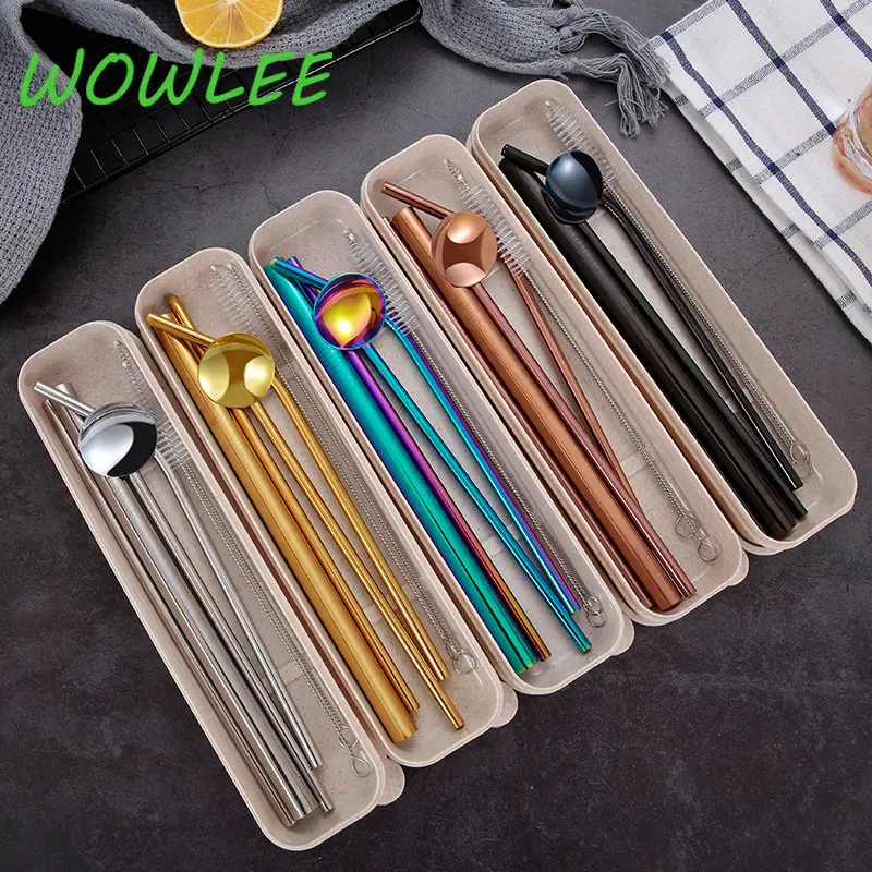 

7Pcs/Set Dinnerware Set Reusable Stainless Steel Straws Spoon Drinking Flatware with Cleaning Brush Storage Box Cutlery Set