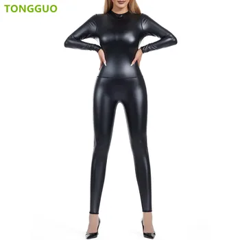 High Elastic Bodysuit Women Shapewear Seamless Body Shaper Woman PU Back Zipper Catsuit Costume Nightclub Dance Leather Jumpsuit