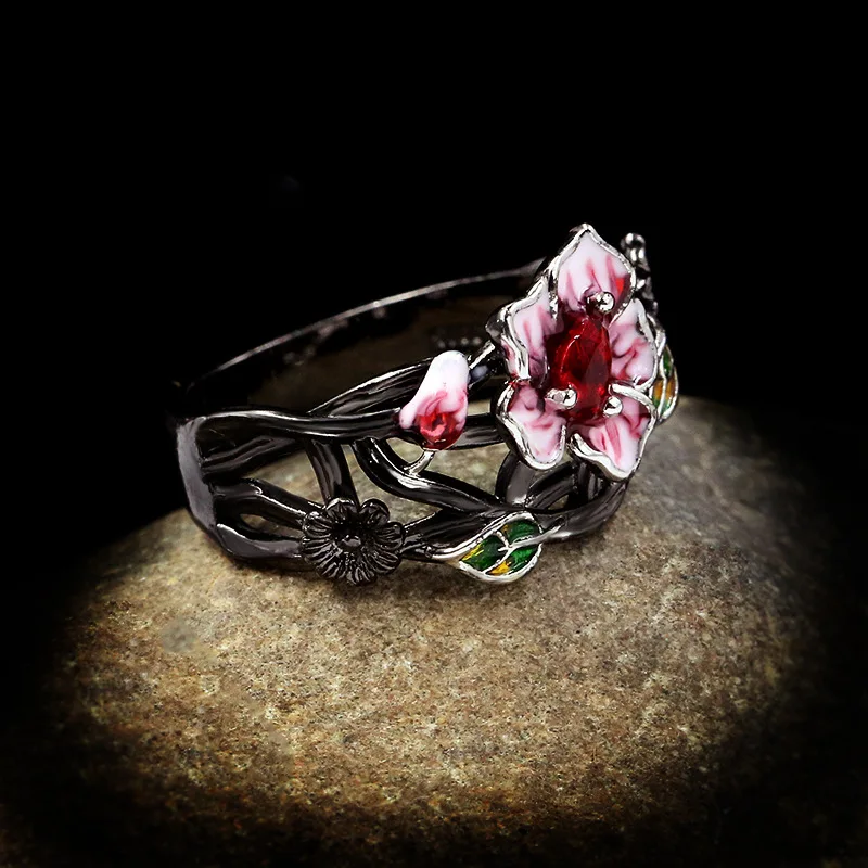 Silver Ring silver ring wedding rings silver rings rose flower ring Exquisite Women's Jewelry Red Flower 925 Silver Ring Creative Elegant Women's Jewelry Attend Banquet Wedding Ring