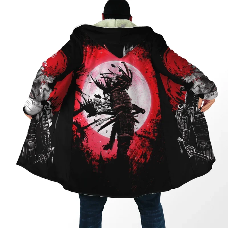 

Fashion winter men's hooded cloak samurai ghost mask tattoo 3D printing fleece windbreaker unisex casual thick warm hooded cloak