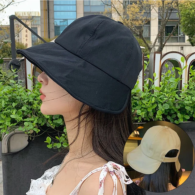 Women's Summer Soft Cotton Ponytail Bucket Hat Outdoor Beach Adjustable Sun Visor Hats Solid Color Foldable Panama Fisherman Cap 1