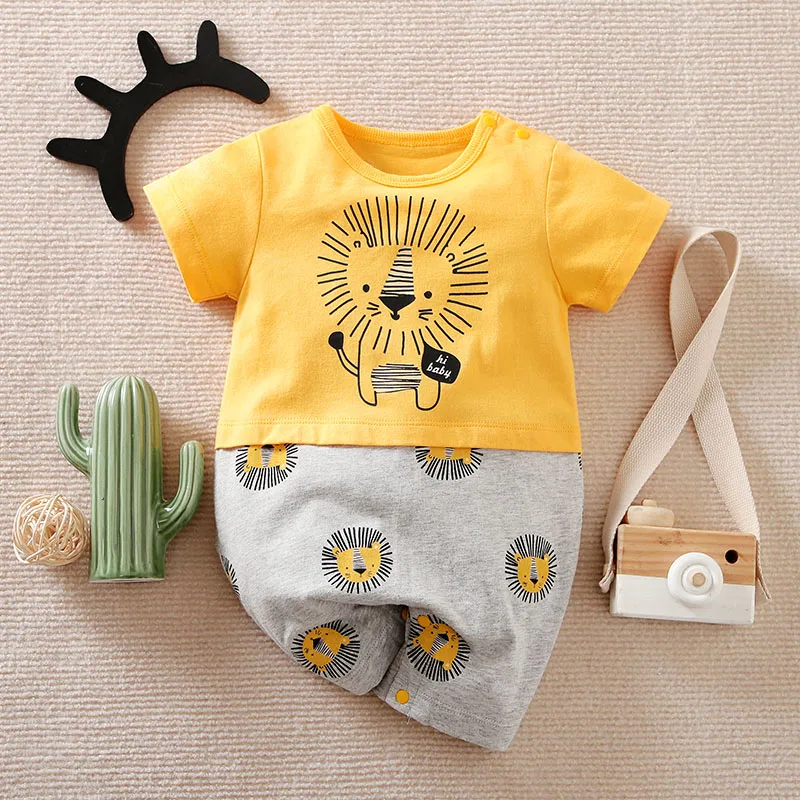 Baby Boy Girl Newborn Casual Solid Color Contrast Cute Lion Comfortable Cotton Short Sleeved Toddler Summer Jumpsuit 1