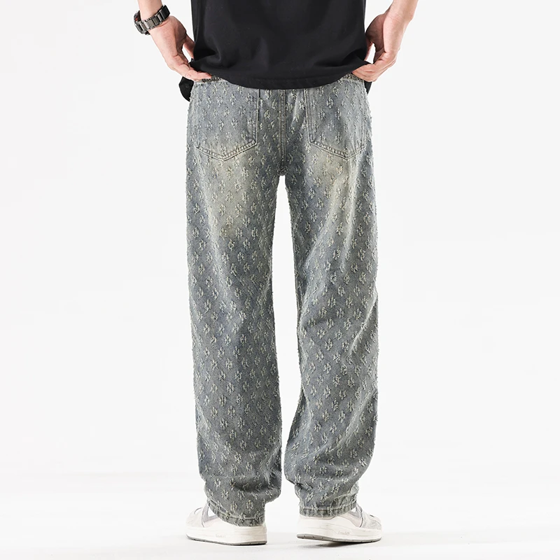 New High-End Jacquard Jeans Men Fashion Trendy Brand Loose Wide Leg Straight Versatile Washed Denim Casual Pant