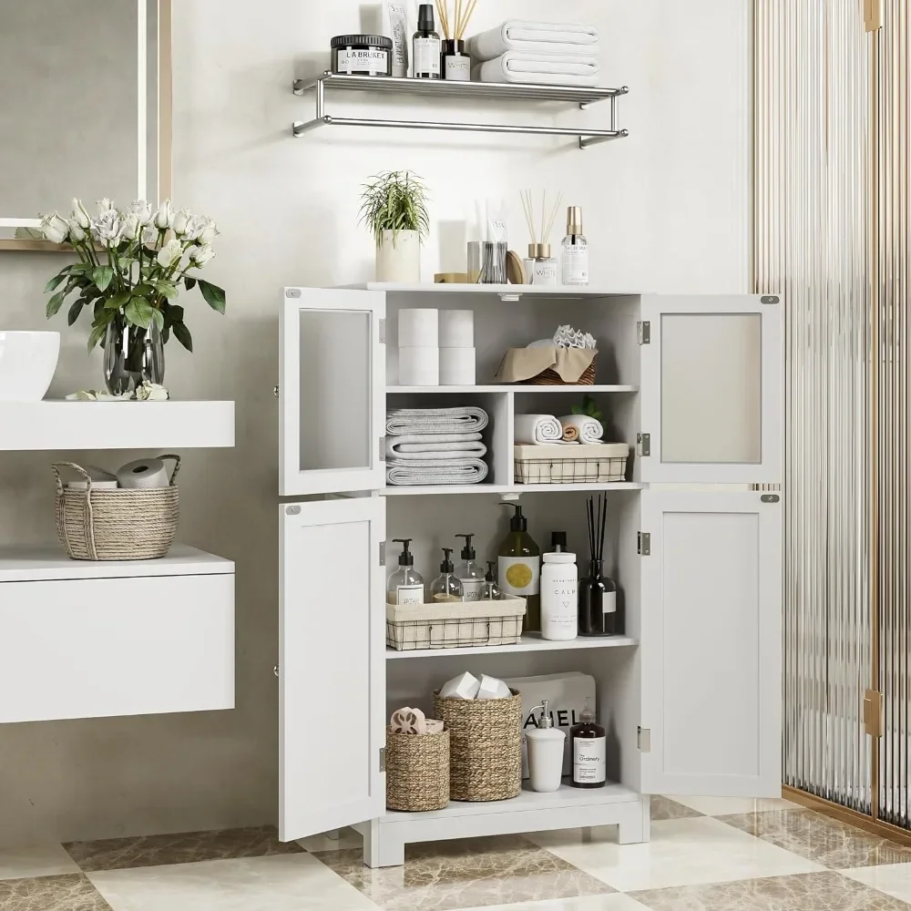 Bathroom Cabinet, Storage Cabinet with Adjustable Shelves & Glass Doors, Freestanding Floor Bathroom Cabinet  White