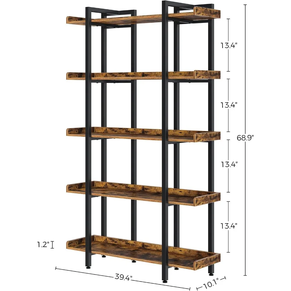 5-Tier, 68.9’’H Industrial Book Shelf, Large Bookcases and Bookshelves with Open Shelves, Open Display Shelves with Metal 2