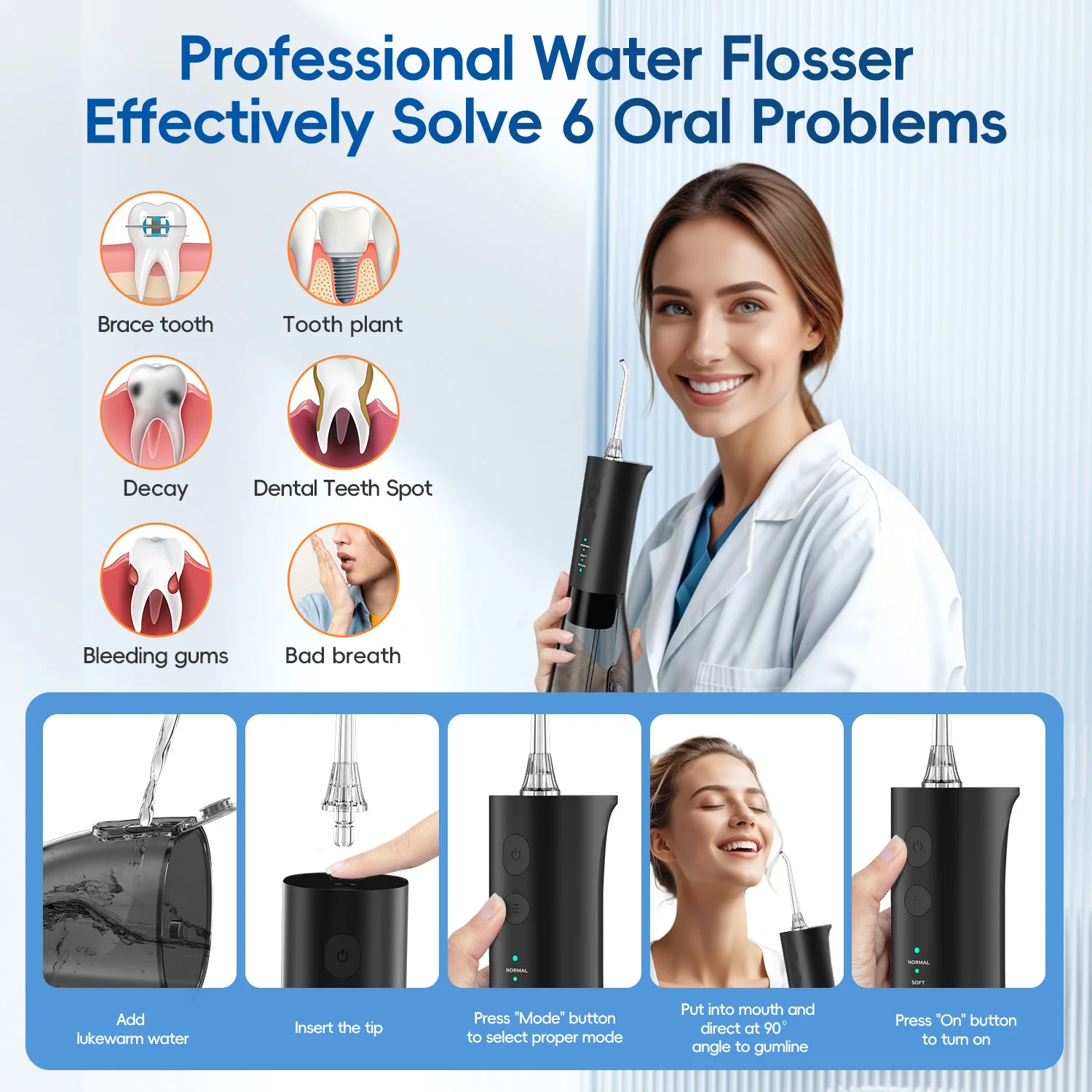 Oral Irrigator F29 Portable Dental Water Flosser USB Rechargeable 300ML Tank Waterproof