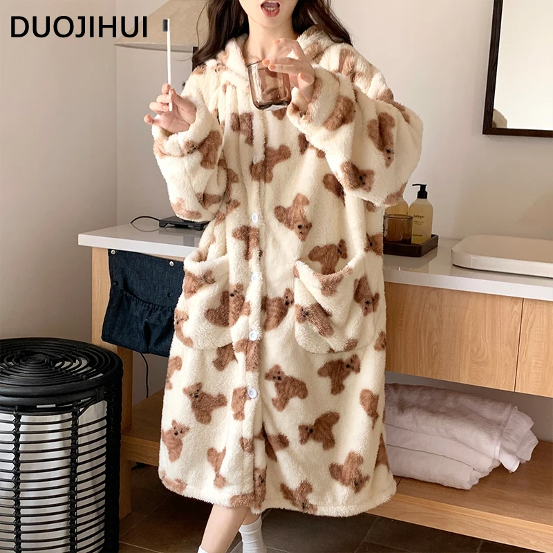 DUOJIHUI Winter Flannel Thick Warm Hooded Female Sleepwear Loose Chicly Printing Single Breasted Simple Fashion Robes for Women