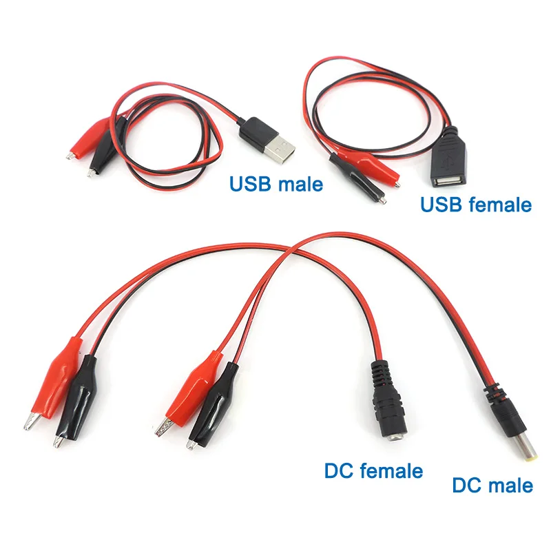 Alligator Cilps to USB/DC DC 5.5x2.1MM Plug Test Cable Lead Jumper Wire Male Female Crocodile Clip Probe Power Supply Adapter