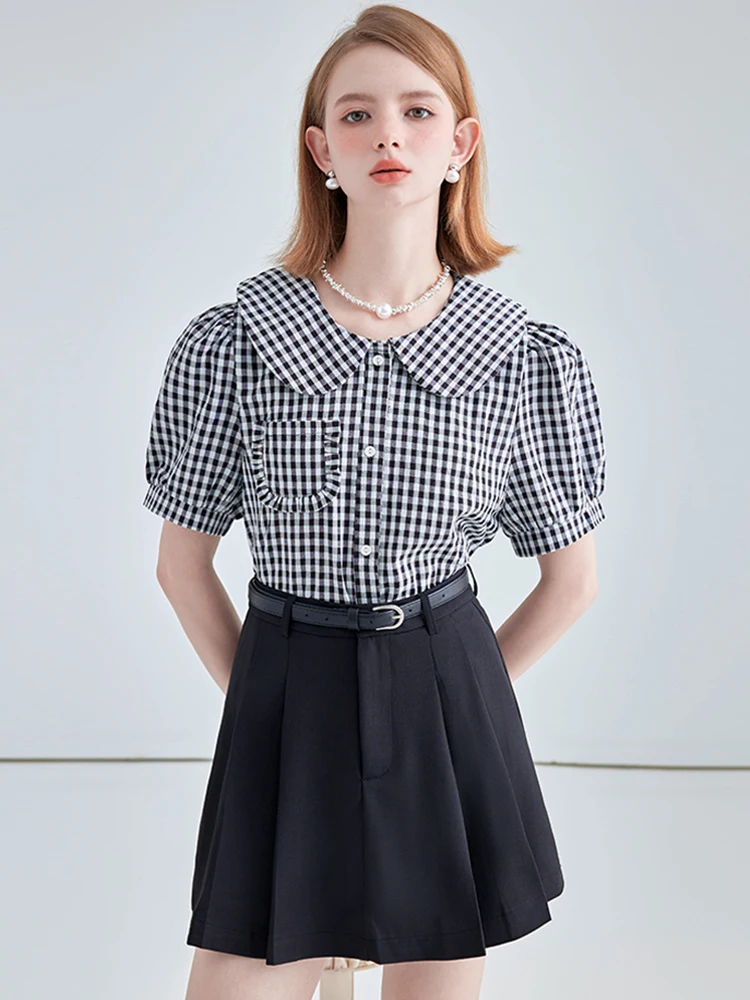 

Women Plaid Shirt Blouse Y2k Vintage Harajuku Casual Elegant Korean Fashion Ladies Elegant Kawaii Short Sleeve Shirt 2023 Summer