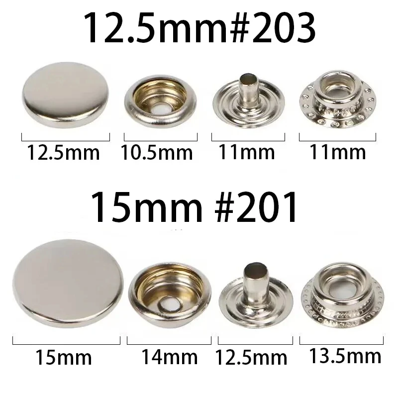 25 Sets Metal Snap Fasteners Snaps Button Press Studs Sewing Button For DIY Clothes Garment Bags Leathercraft #201 #203 2