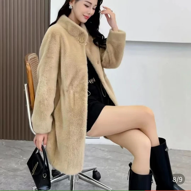 Oversized Mink Fur Jacket Women Casual Buckle Stand Collar Winter Coat Thick Windproof Long Sleeve Solid Colors Overcoat Loose