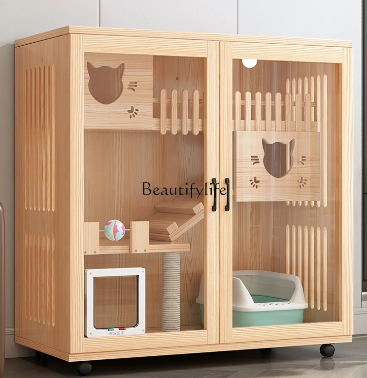 

Home Cat Cabinet Indoor Super Large Free Space Three-Layer Luxury Solid Wood Cat Cage
