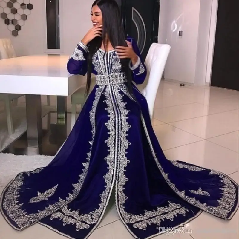 

Blue Moroccan Kaftan Muslim Evening Dresses A-line V-neck Long Sleeves Appliques Dubai Arabic Turkey Caftan Abaya Islamic Gown