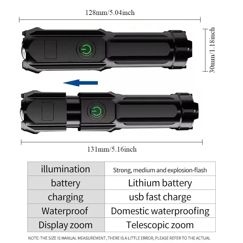 High-Powered Rechargeable Waterproof LED Flashlight with Zoom