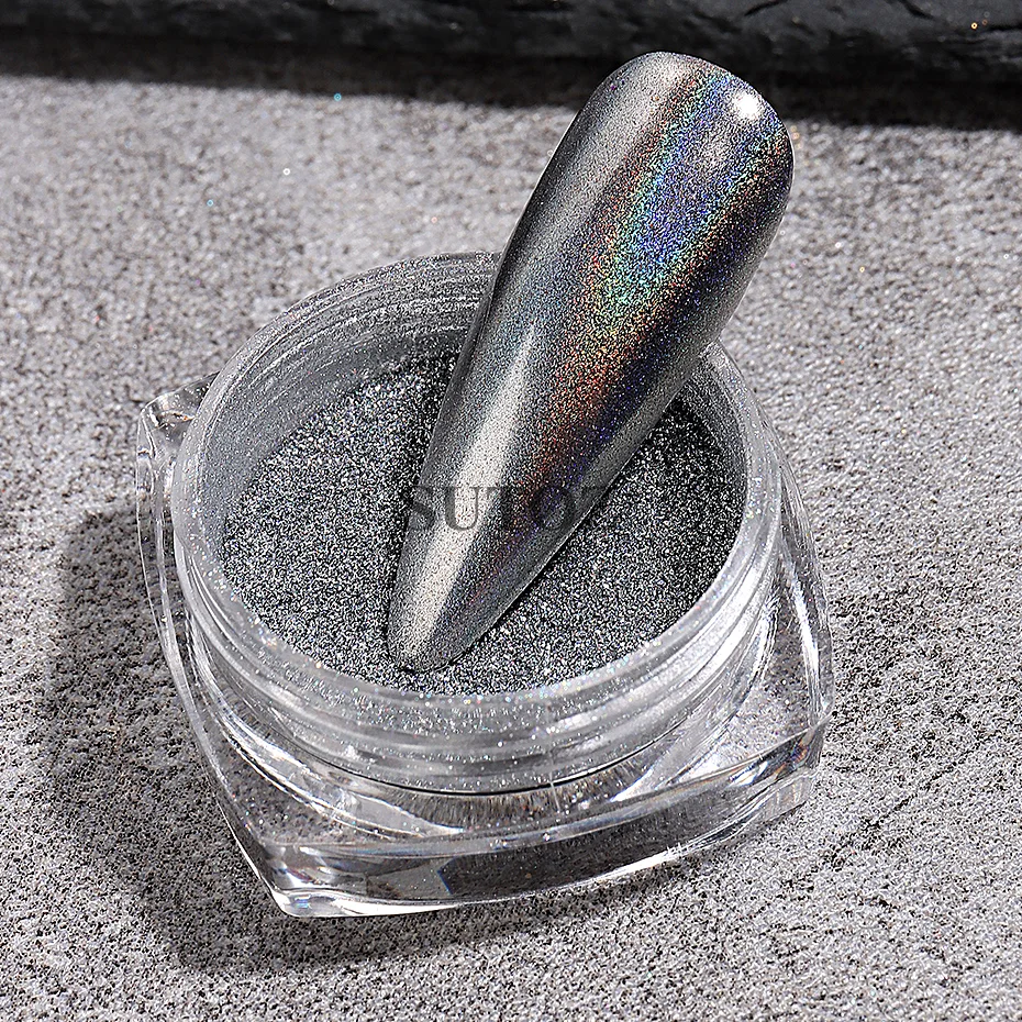 Nail Powder Nail Pigment Nail Glitter Nail Decoration Nail Decorations Nail Powder Set 1Box Laser Glitter Chrome Nail Powders Silver Metal Mirror Dust Manicure accessories Pigment Brush DIY Nails Decorations LELSG-2