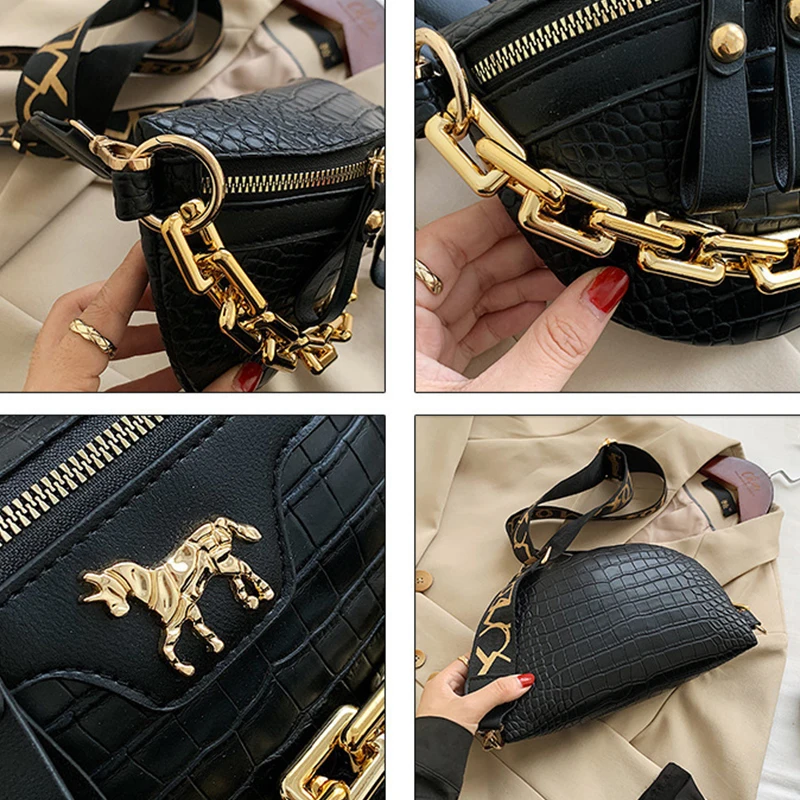 Women Waist Bag Fashionable Luxury Niche PU Leather Crocodile Pattern Single Chain Zipper for Commuting