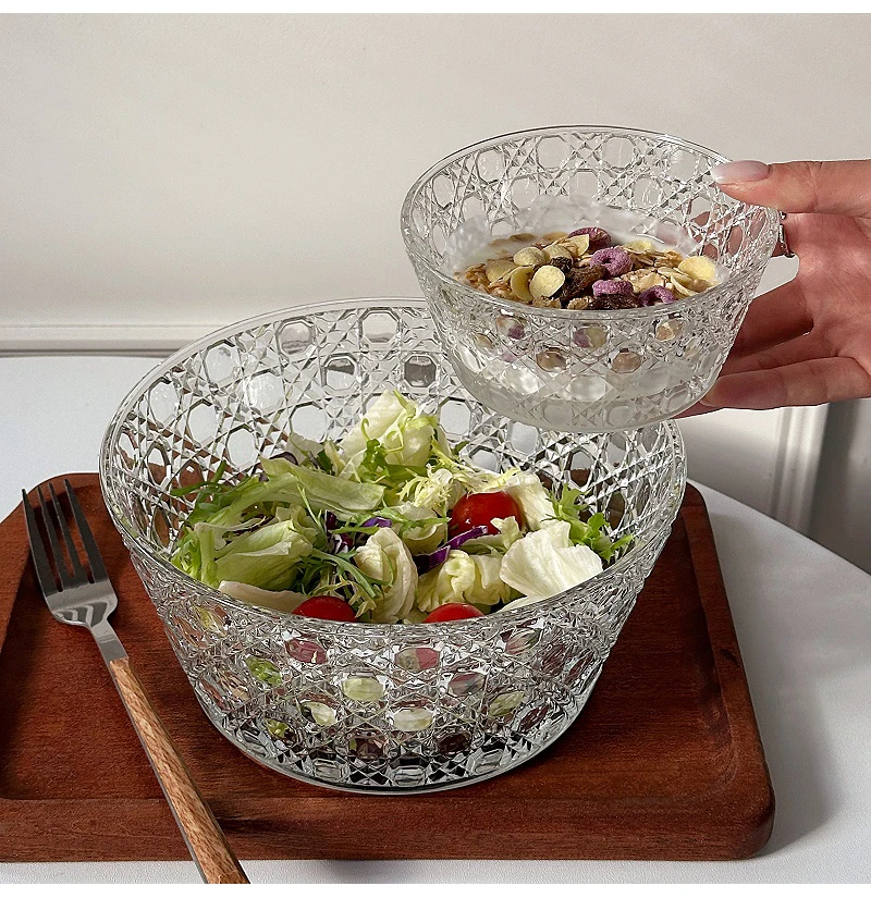 Description Picture 2 of itemCreative Relief Glass Bowl Korean Ins Transparent Round Kitchen Homehold Tableware Vegetables Fruit Yogurt Salad Dessert Bowls
