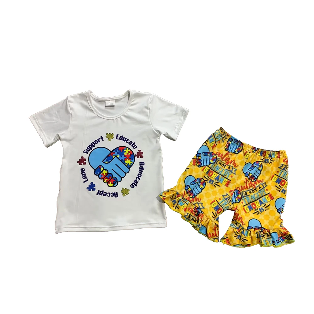 

Best Selling Baby Girl Summer White Top Cute Set Fashionable Puzzle Clothes Short Sleeve Shirt Children Set Shorts Kids Outfit