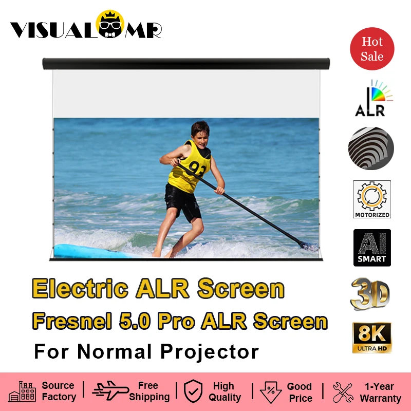 Schermo per proiettore elettrico motorizzato Fresnel 5.0 Pro ALR con supporto a parete galleggiante Proiezione 16:9 da 100 pollici per proiettore normale 4K