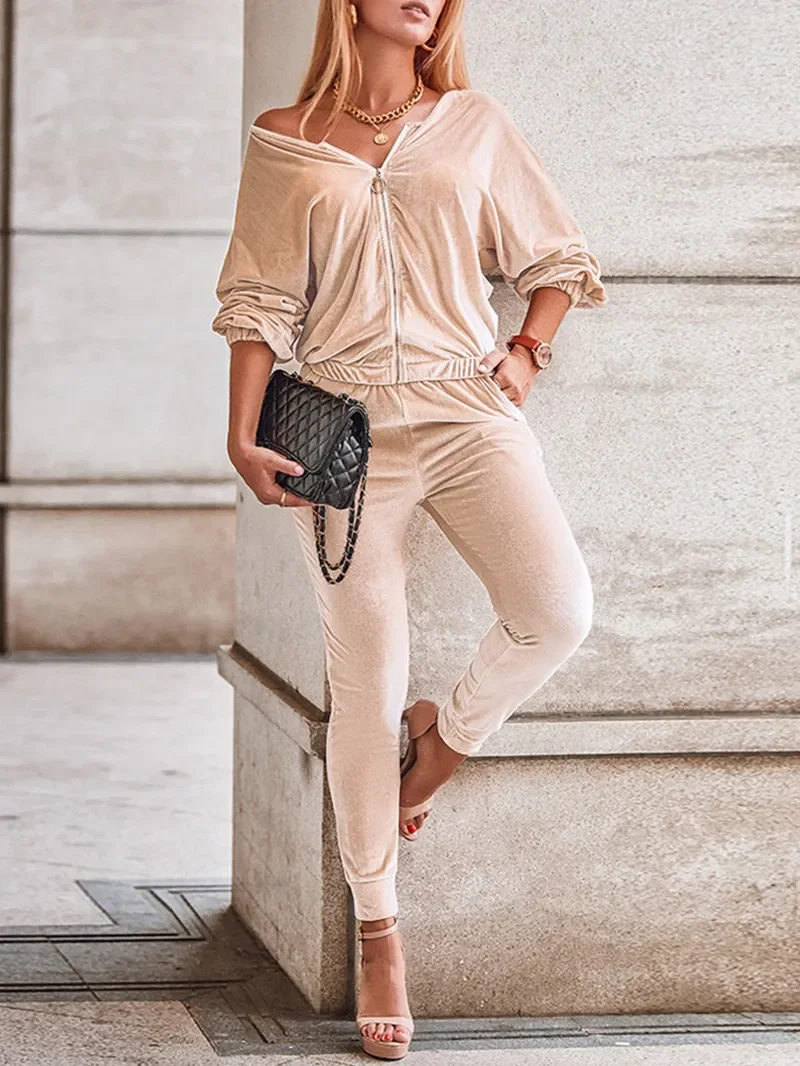 

Модный комплект из двух предметов для женщин, Бархатный спортивный костюм, осенняя одежда, кофта на молнии с V-образным вырезом и брюки, повседневный Велюровый костюм из двух предметов