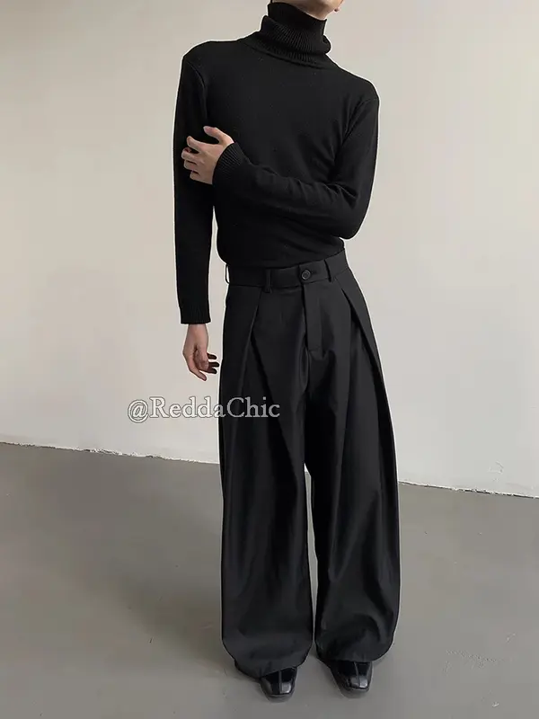 REDDACHiC Men's Pleated Front Wide Leg Pants Cleanfit Black Solid Low Waist Dressy Trousers Unisex Office Work Casual Clothes - Image 2