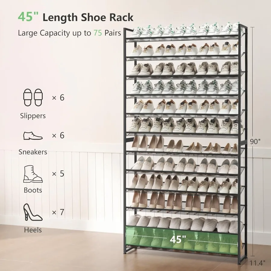 Shoe Rack Long Shoe Organizer Max Holds 75 Pairs 12 Tier Metal Shoe Storage Shelf 6Tier Stackable Shoes Organizer for Garage En