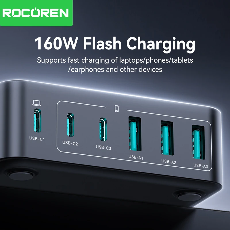 Rocoren 160W USB Type C Charger 6 Ports Portable Fast Charging Desktop Type-C Charger Power Station for iPhone 16 15 Pro Max Best Sellers In Phones Accessories