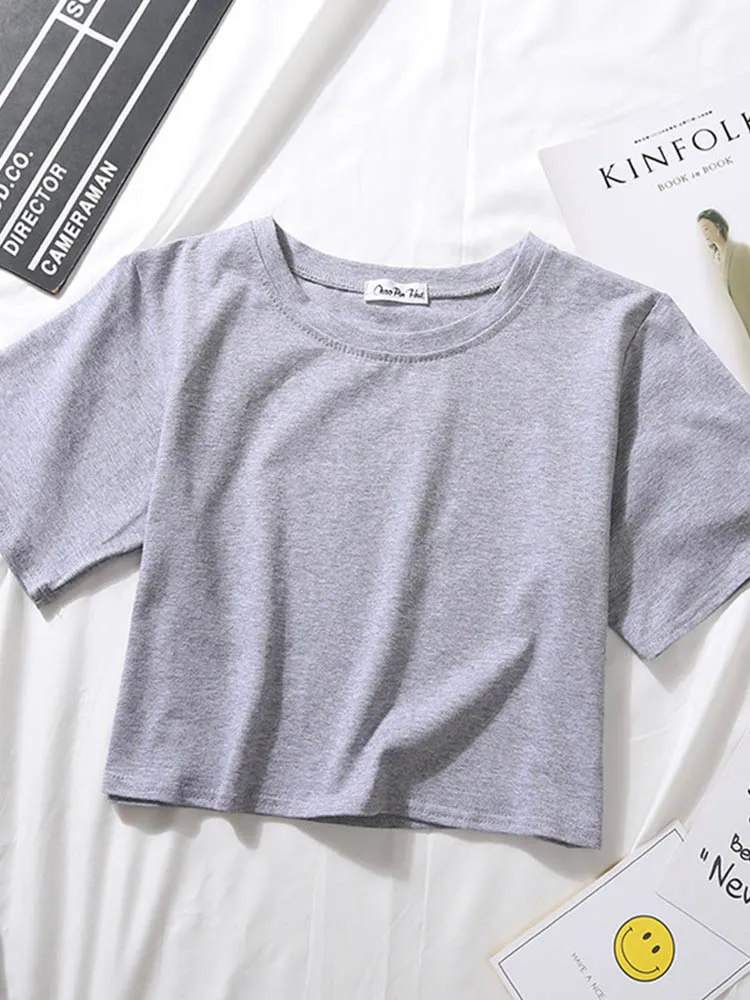 2023 Summer Short Sleeve T Shirts Women Cotton Solid T-shirt O Neck High Waist Crop Top Tee Female Casual Loose T Shirt 4
