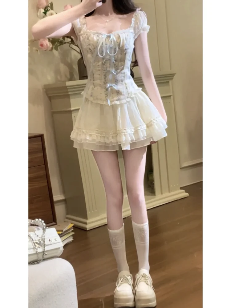 Y2K Two-piece Skirt Set Off Shoulder Square Collar Lace-up Cropped Top A-line Mini Skirt Sweet Summer New Slim Princess Outfits