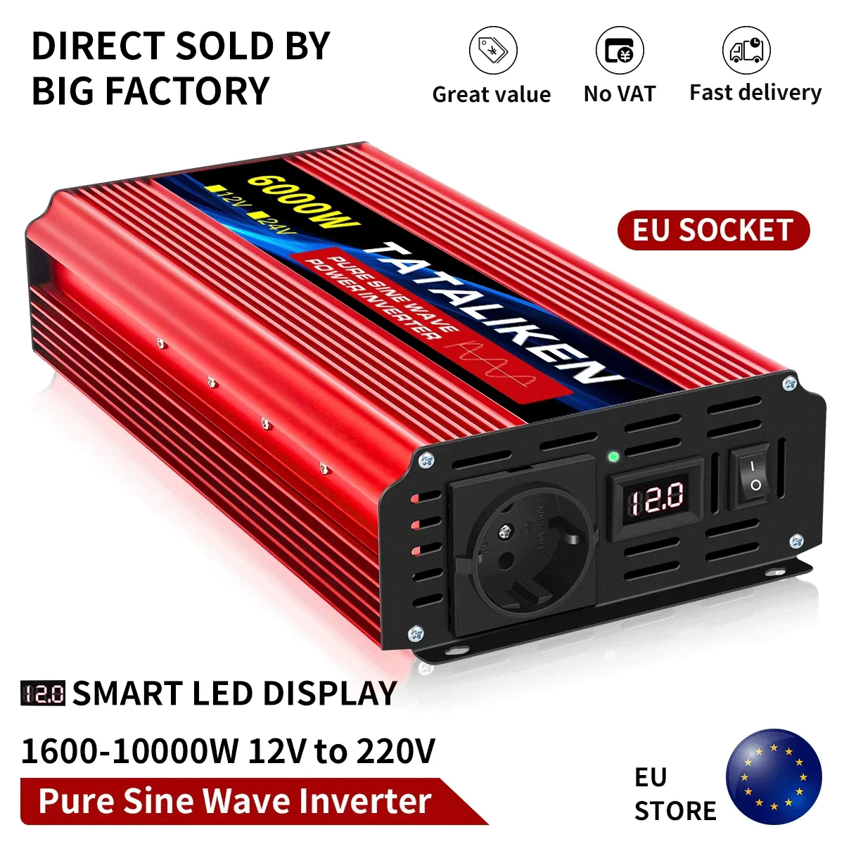 6000W Pure Sine Wave Power Inverter DC 12V To AC 230V 240V 50HZ EU ...