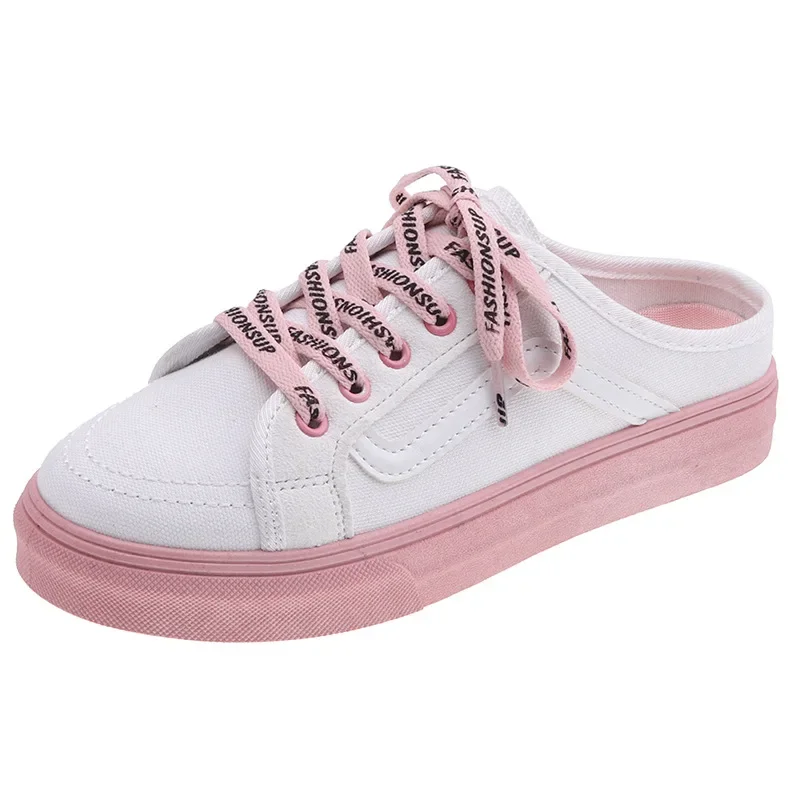 

YeddaMavis Summer Pink Women Canvas Shoes Women Lace-up Casual Shoes Breathable Without Heel Half Slippers One Pedal Lazy Shoes