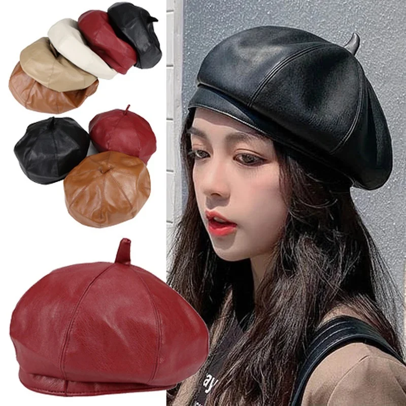 

Fashion Women PU Leather Octagonal Caps Newsboy Cap Vintage Bonnet Beret Style Retro Leather Hat Cowboy Pumpkin Painter Hat