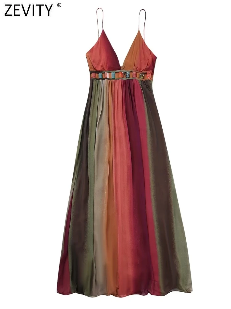 

Design Sling Dress Female Chic Backless Party Midi Vestidos Women Sexy V Neck Colorful Striped Print Waist Stone