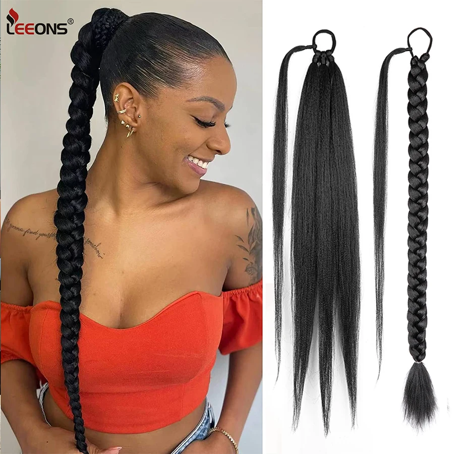 Cheap Synthetic Ponytails 26" Long Braided Ponytail Extension Black Natural Hairpiece Long Pony Tail With Hair Tie Rubber Band