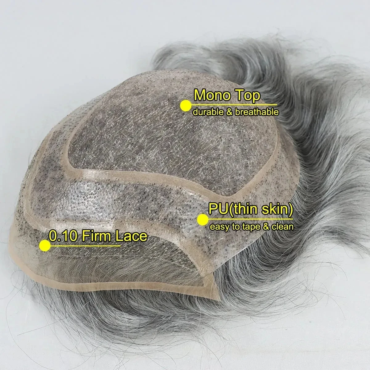 1B80 Toupee 남성용 파인 모노 웨이브 가발, 인모 교체 시스템, 남성용 보형물, 8x10 회색 헤어피스 유닛