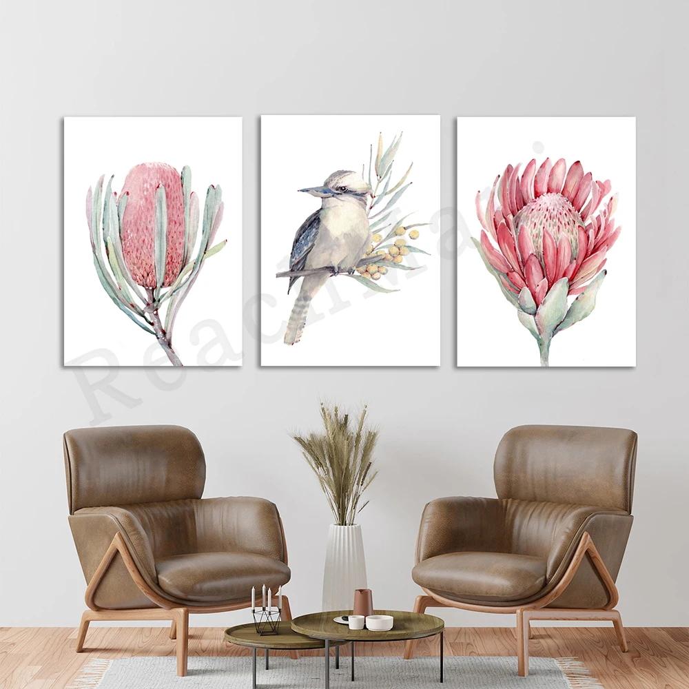 Australian Native Birds and Flowers Art Print, Kookaburra, Protea, Banksia