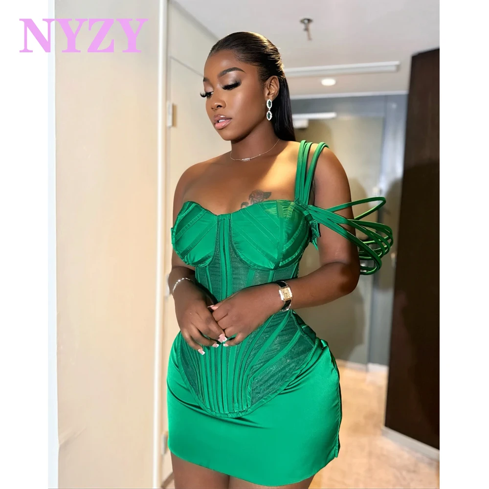 NYZY C390 Emerald Green Satin Stripes Mini Party Cocktail Dresses Date Prom Birthday Homecoming Gowns